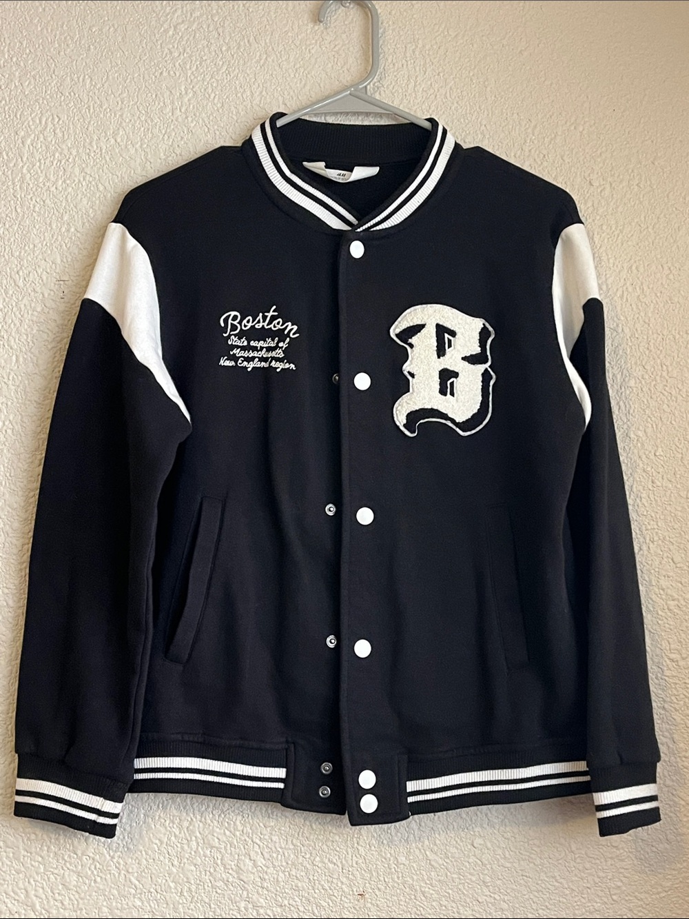 H&M Boys Size 12/14 Black & White Boston Letterman Jacket Used Once